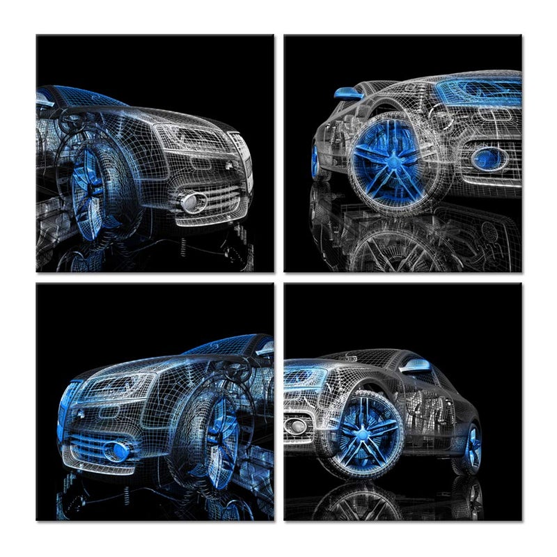 iHAPPYWALL 4 Pieces Modern Car Canvas Wall Art Black and Blue 3D Car Model Cool Picture Print for Bedroom Boys Room Home Decor Ready To Hang 12x12inchx4pcs - Image 1